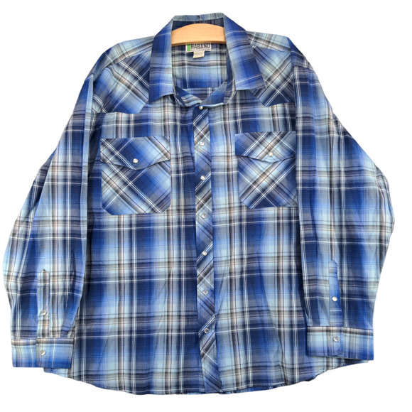 Haband Men's Pearl Snap Shirt Blue Plaid Size XX Long Sleeve Polyester Blend - Picture 1 of 11